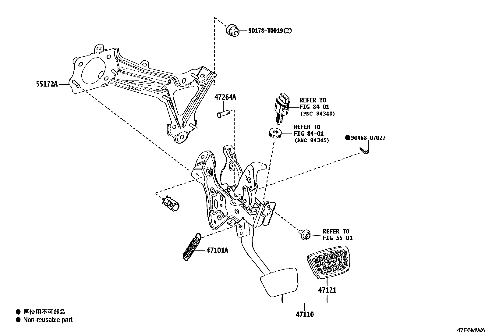 Toyota CAMRY Brake Pedal & Bracket EPC diagram — 47E6MWA