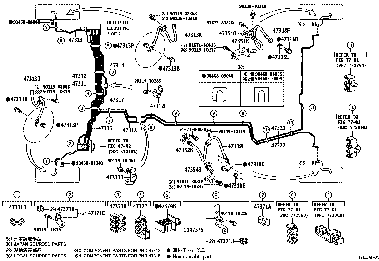 Toyota CAMRY 制动配管和卡箍 EPC diagram — 47E6MPA