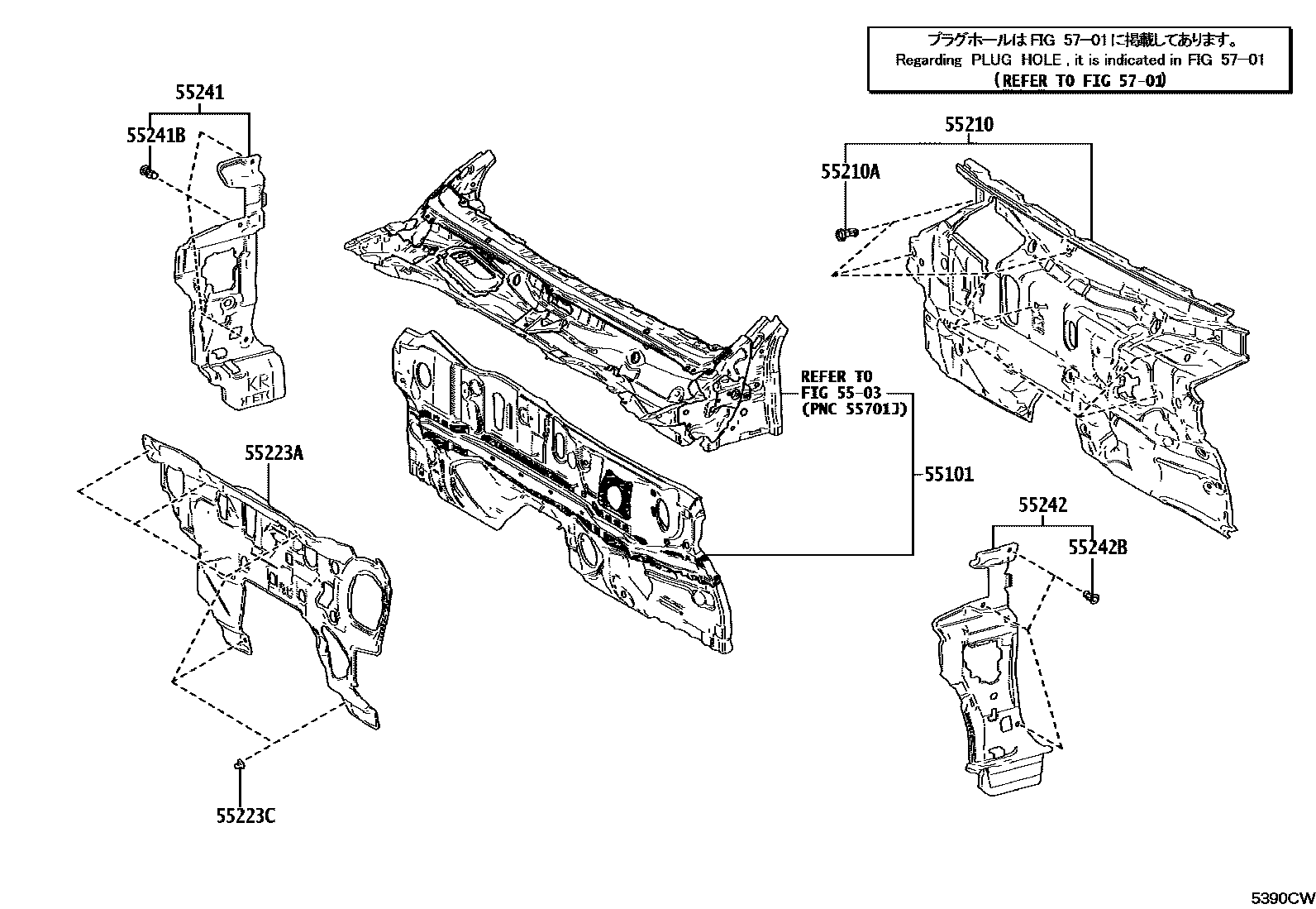 Toyota CAMRY 前翼子板挡泥板和前围板 EPC diagram — 5390CW