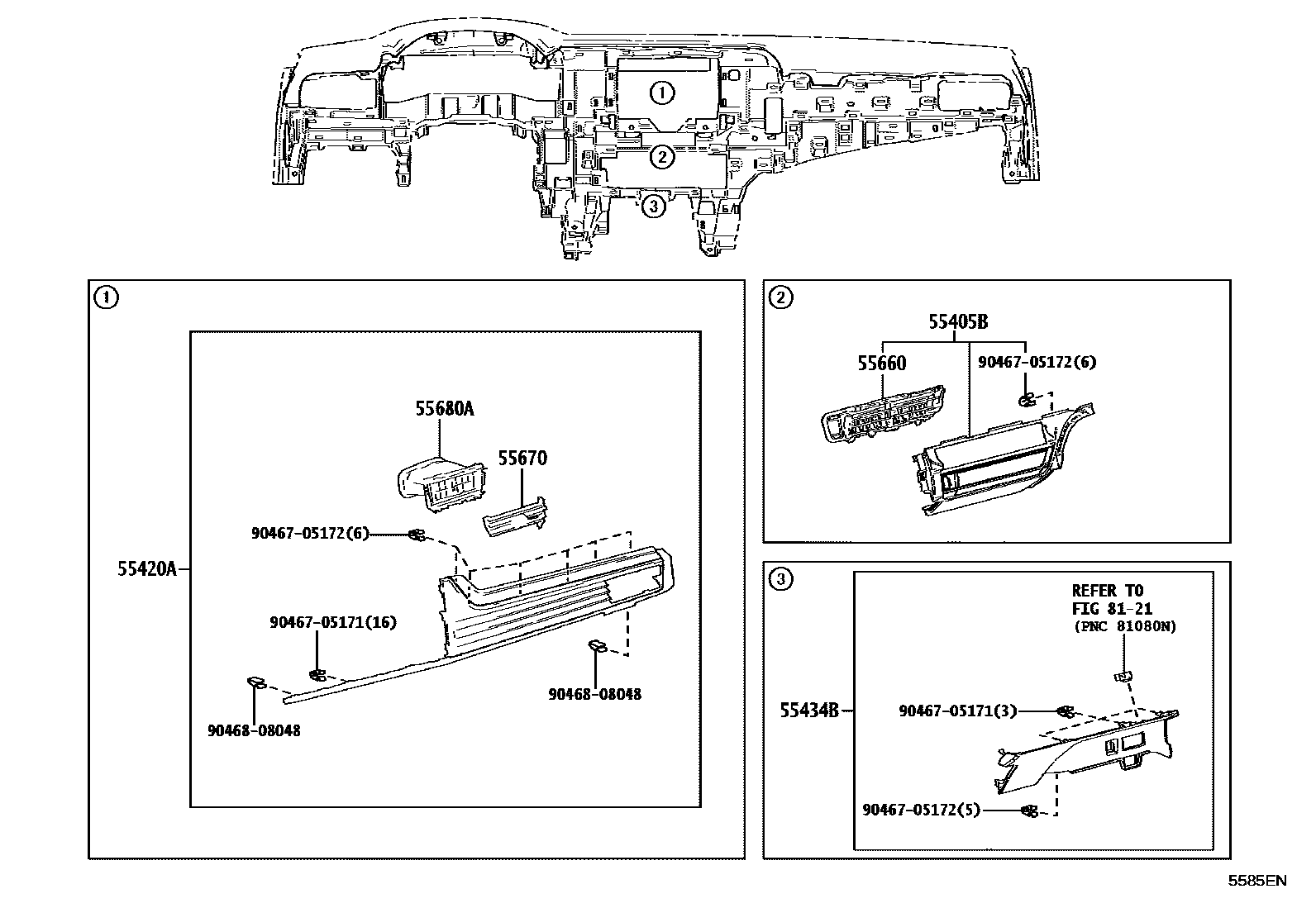 Toyota CAMRY 仪表板和手套箱 EPC diagram — 5585EN