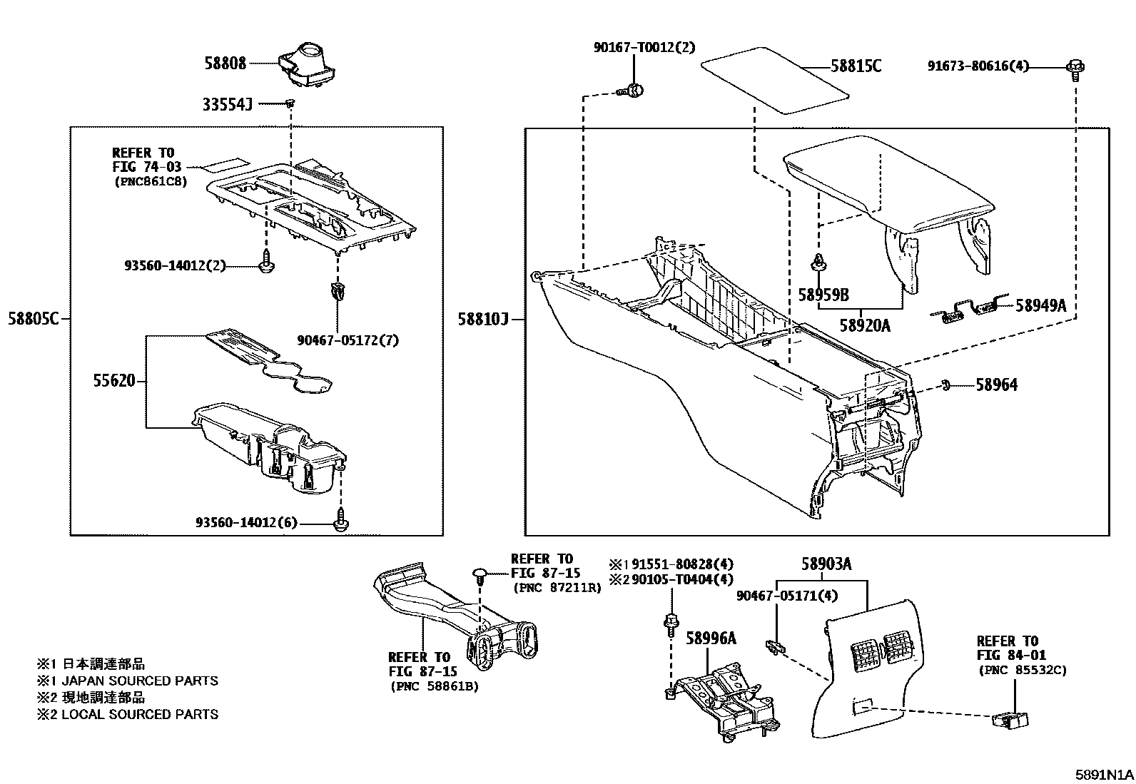 Toyota CAMRY 中央扶手箱和支架 EPC diagram — 5891N1A