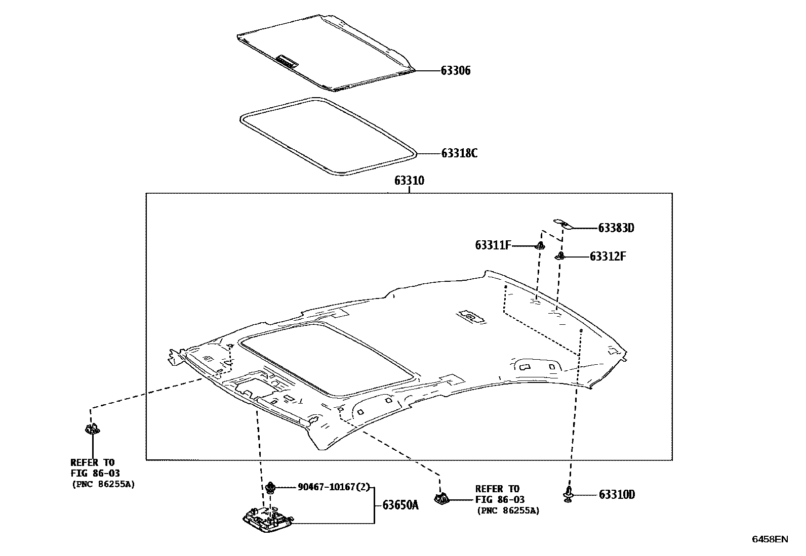 Toyota CAMRY 车顶内衬和消声垫 EPC diagram — 6458EN