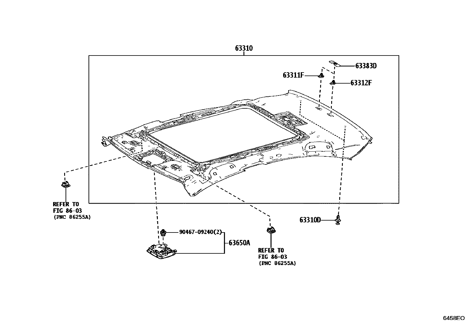 Toyota CAMRY 车顶内衬和消声垫 EPC diagram — 6458EO