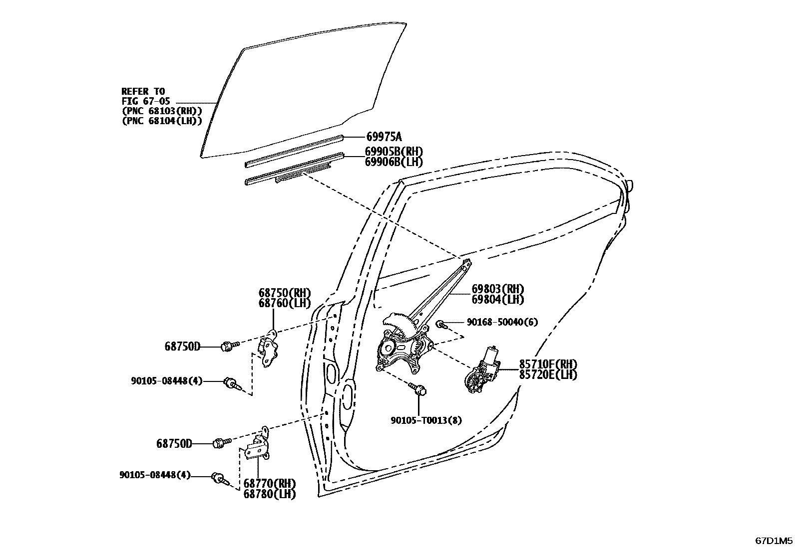 Toyota CAMRY 后门车窗升降器和合页 EPC diagram — 67D1M5