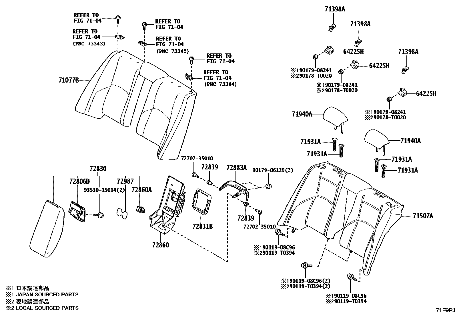 Toyota CAMRY 后排座椅和座椅滑轨 EPC diagram — 71F9PJ