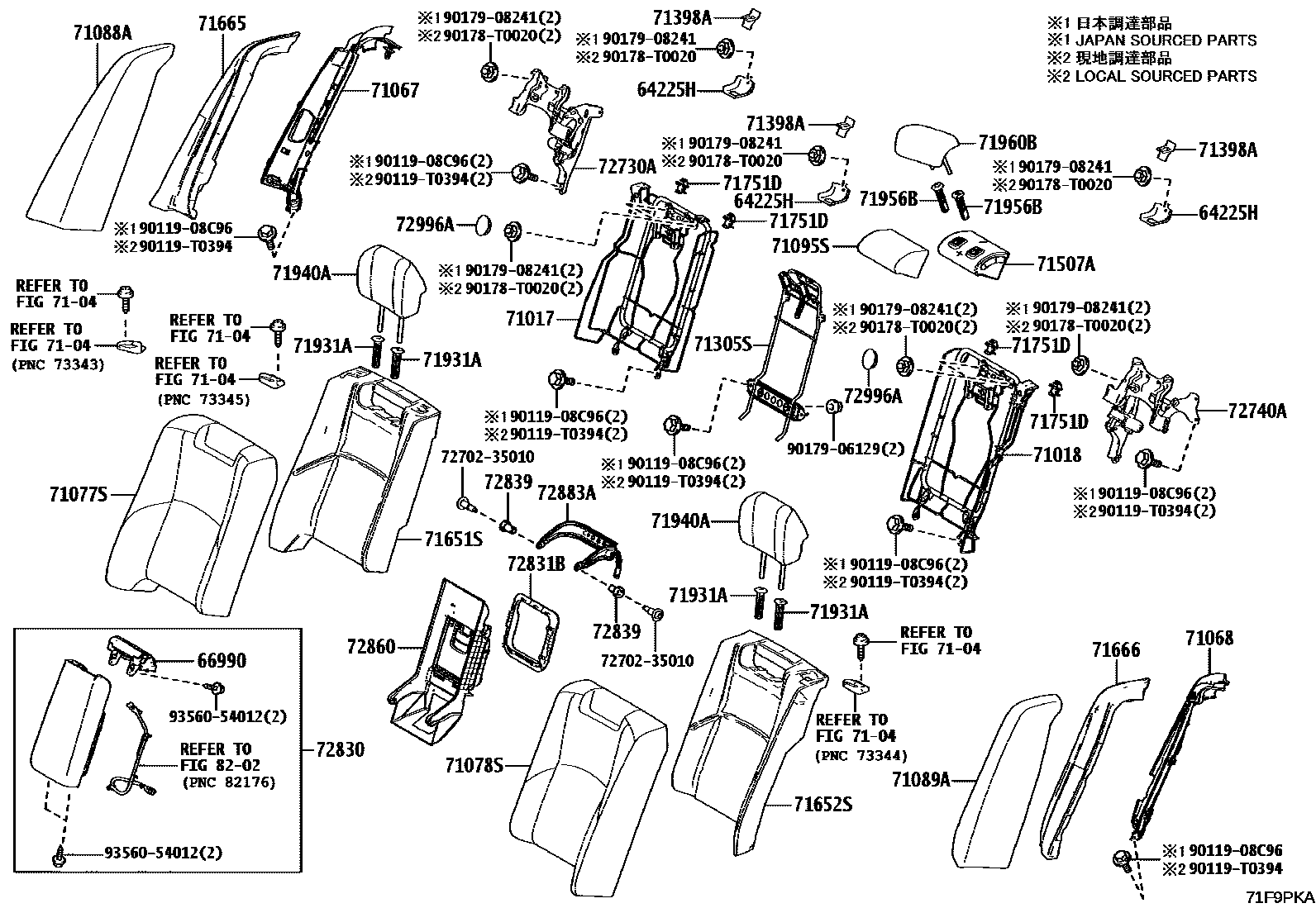 Toyota CAMRY 后排座椅和座椅滑轨 EPC diagram — 71F9PKA