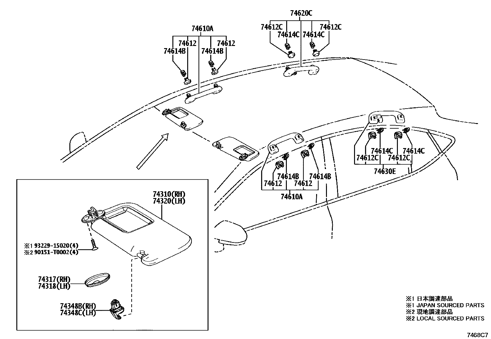 Toyota CAMRY 扶手和遮阳板 EPC diagram — 7468C7