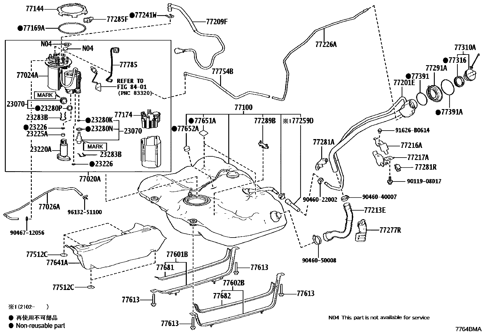 Toyota CAMRY 燃油箱和燃油管 EPC diagram — 7764BMA