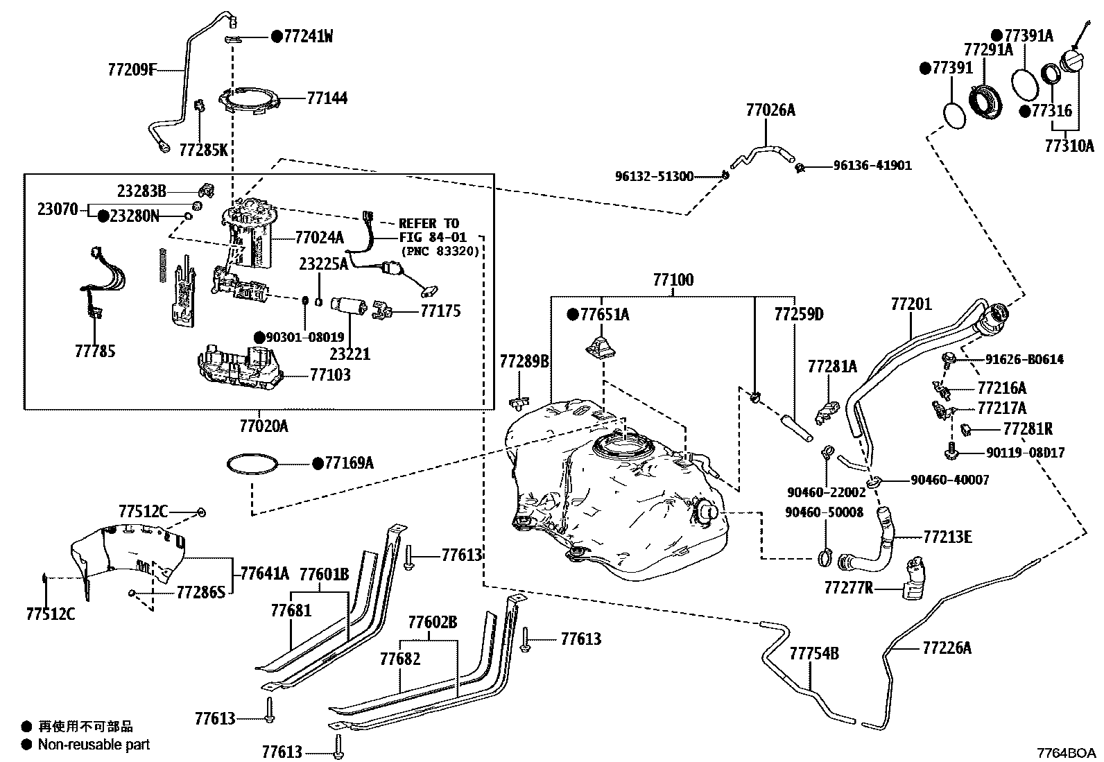 Toyota CAMRY 燃油箱和燃油管 EPC diagram — 7764BOA