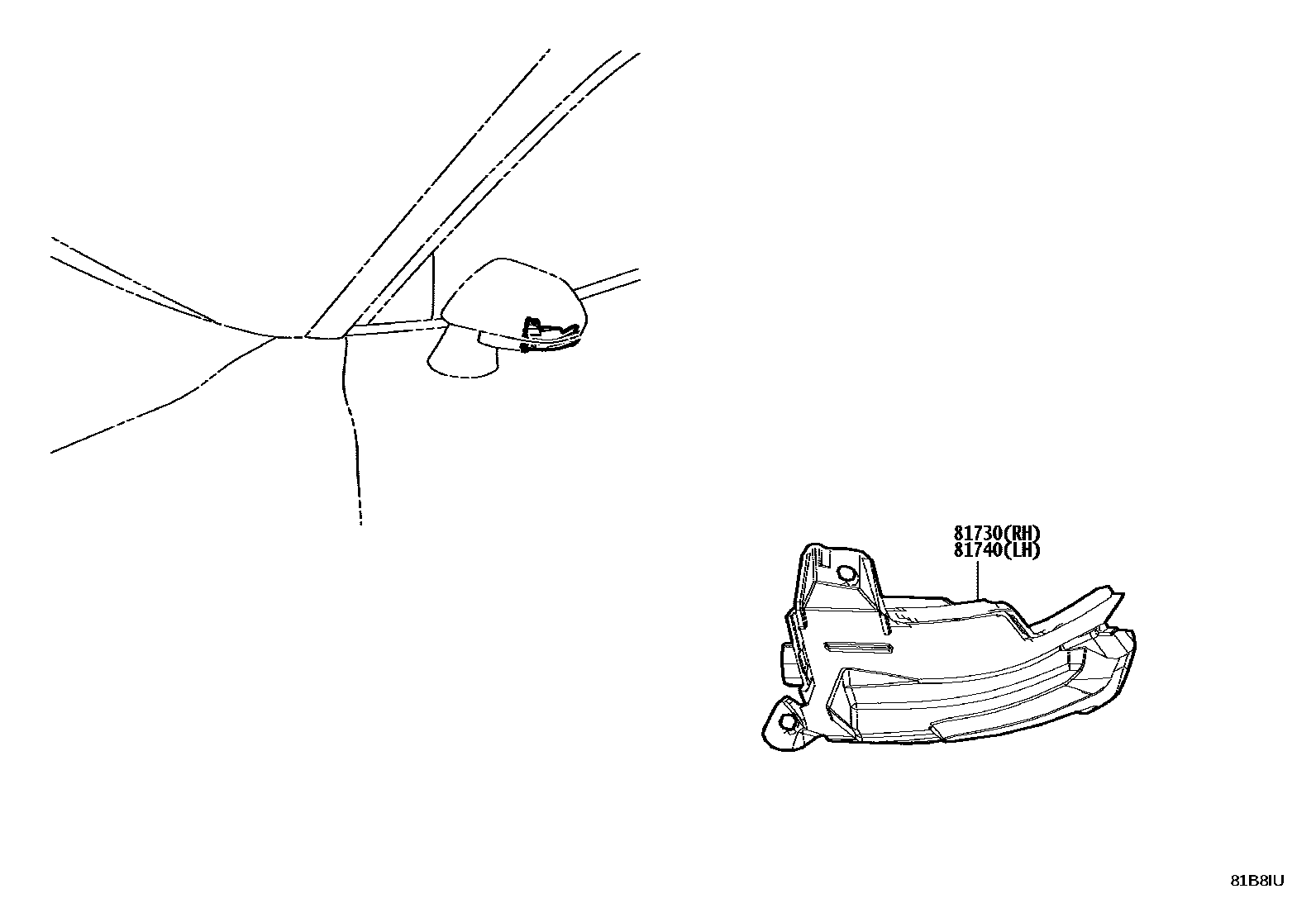 Toyota CAMRY Side Turn Signal & Outer Mirror Lamp EPC diagram — 81B8IU
