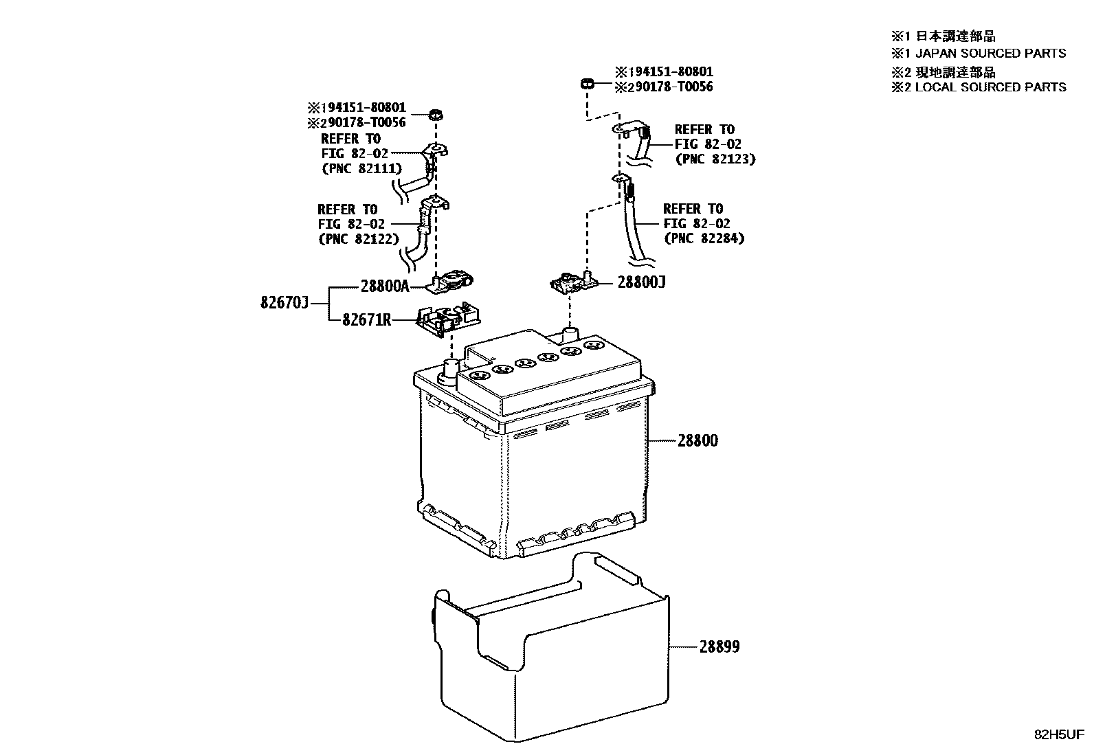 Toyota CAMRY 蓄电池和蓄电池电缆 EPC diagram — 82H5UF