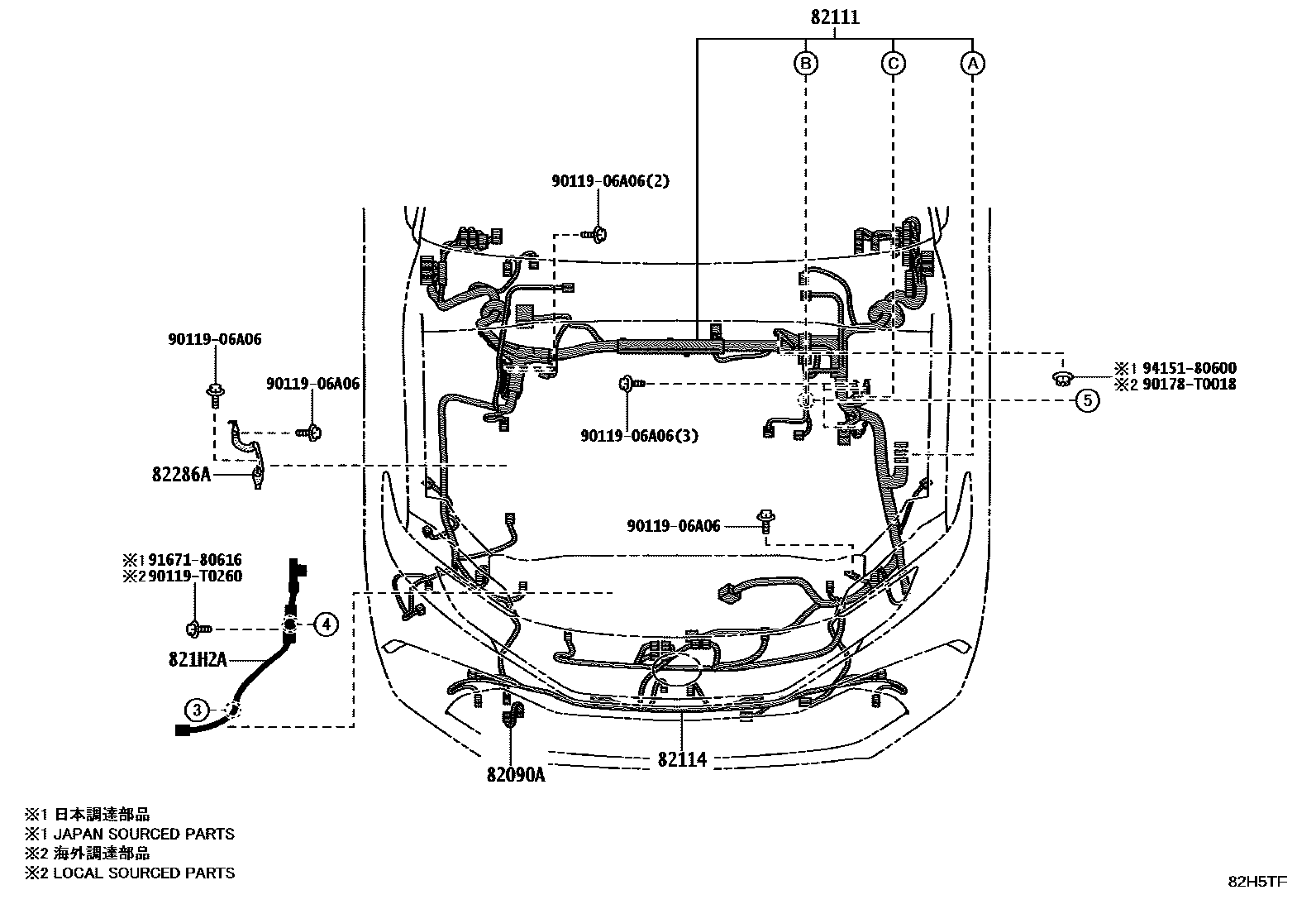 Toyota CAMRY 线束和卡夹 EPC diagram — 82H5TF