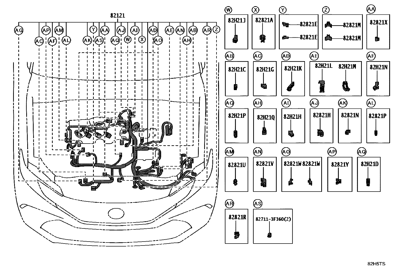 Toyota CAMRY 线束和卡夹 EPC diagram — 82H5TS