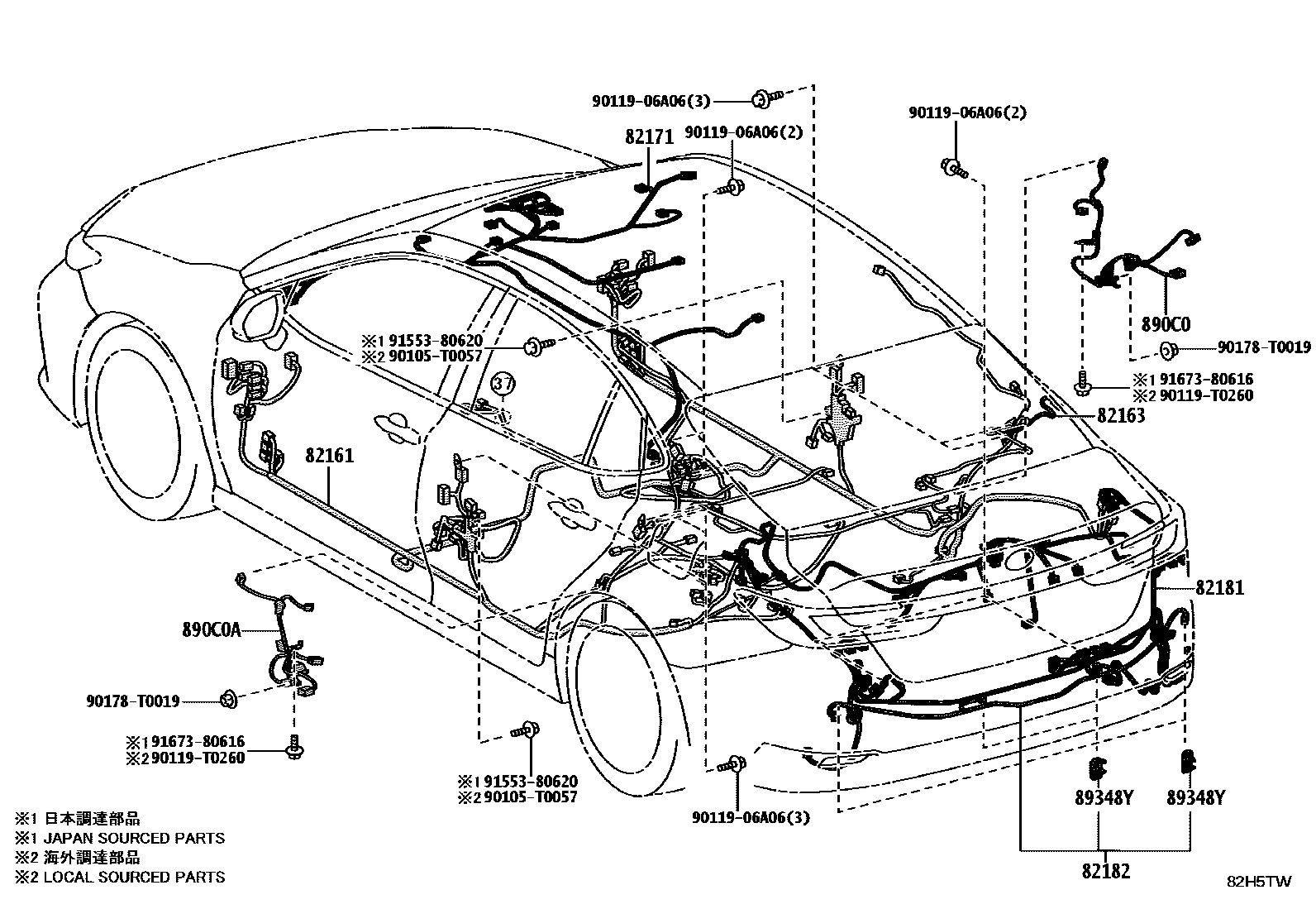 Toyota CAMRY 线束和卡夹 EPC diagram — 82H5TW
