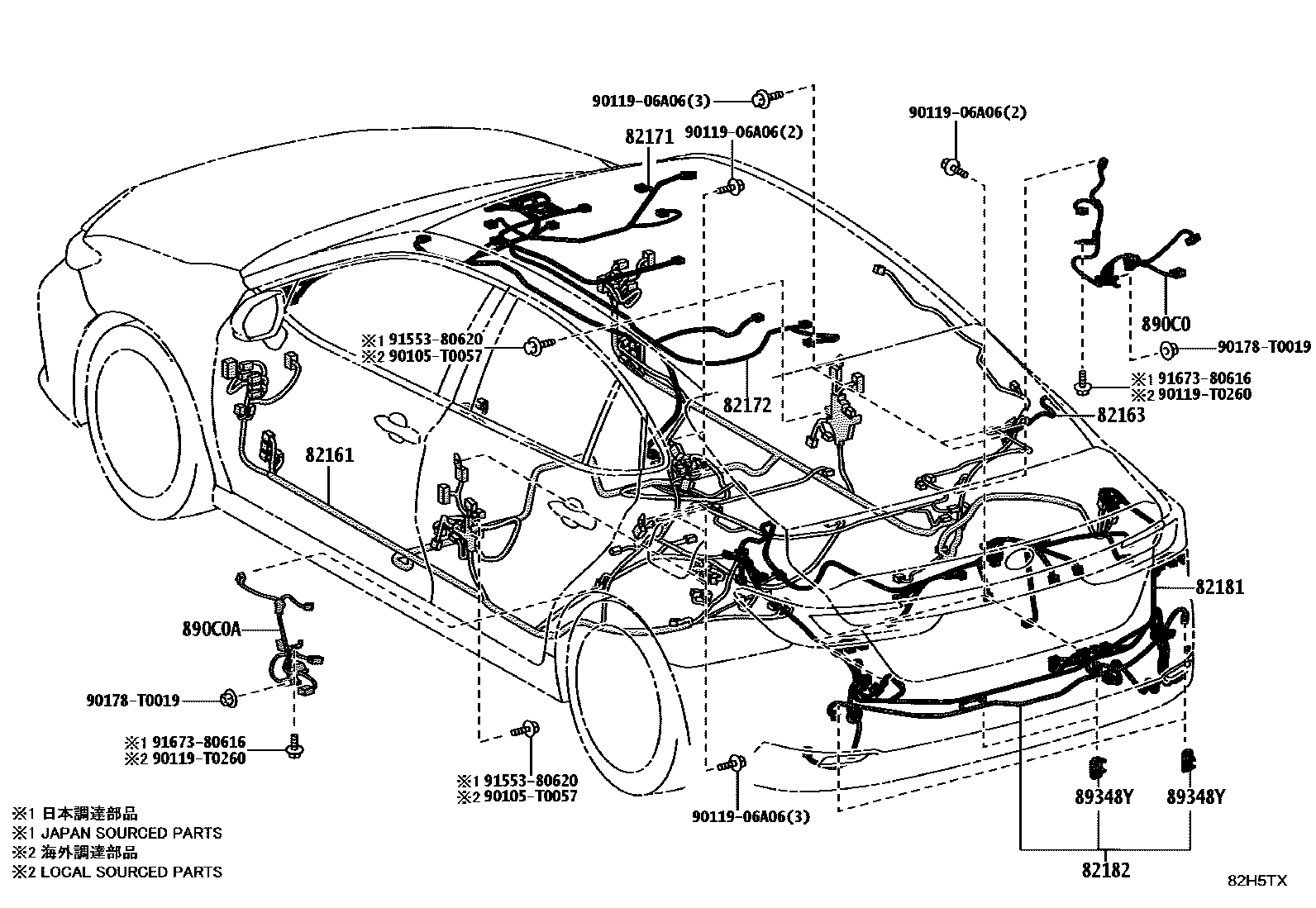 Toyota CAMRY 线束和卡夹 EPC diagram — 82H5TX