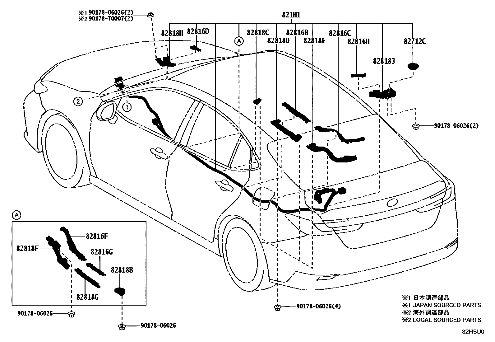 Toyota CAMRY 线束和卡夹 EPC diagram — 82H5U0