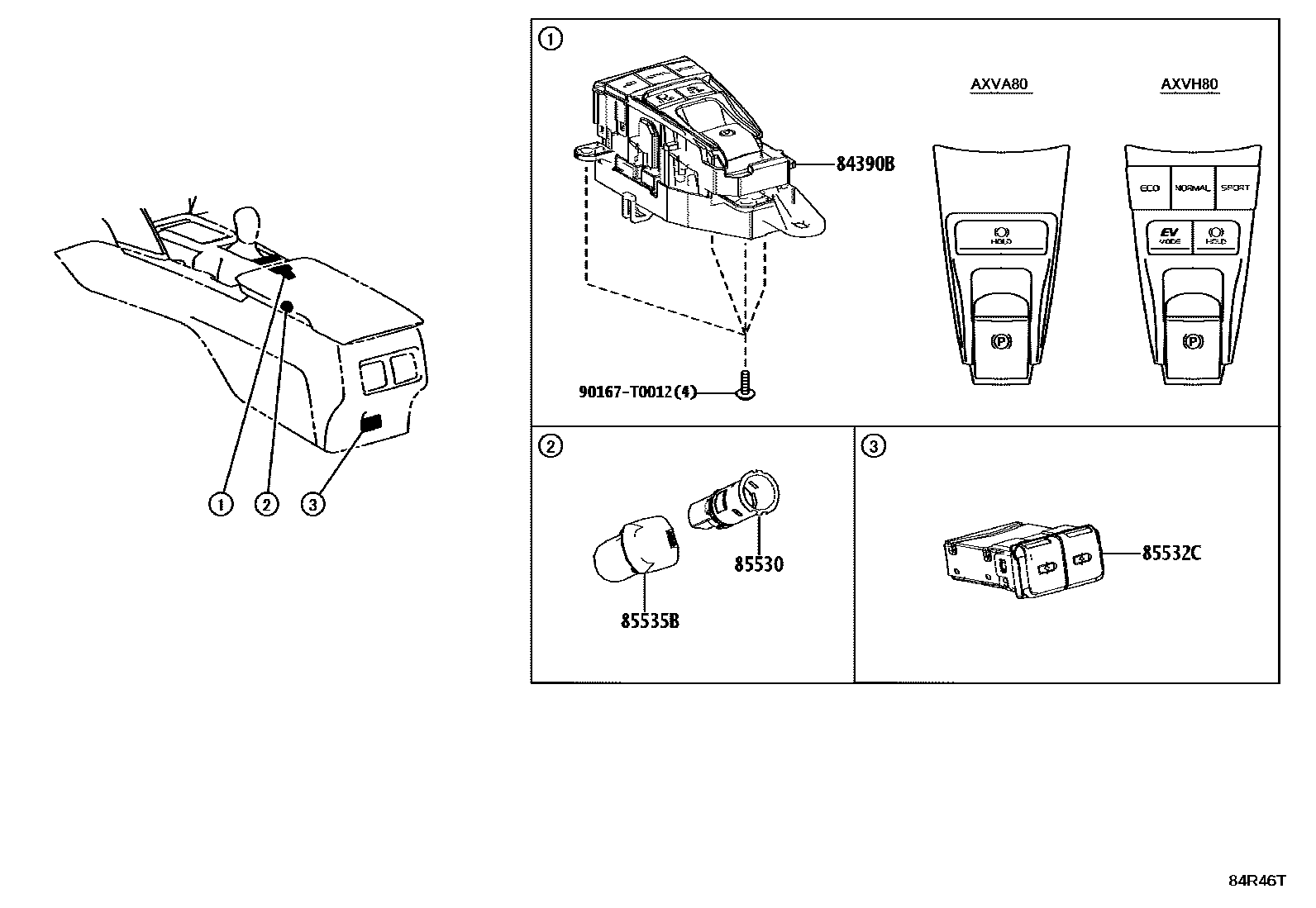 Toyota CAMRY 开关和继电器和ECU EPC diagram — 84R46T
