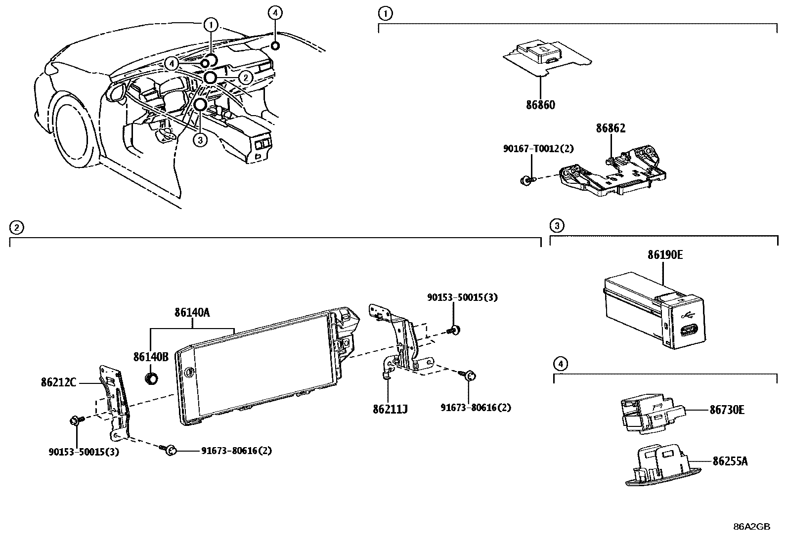 Toyota CAMRY 导航和前监视器显示屏 EPC diagram — 86A2GB