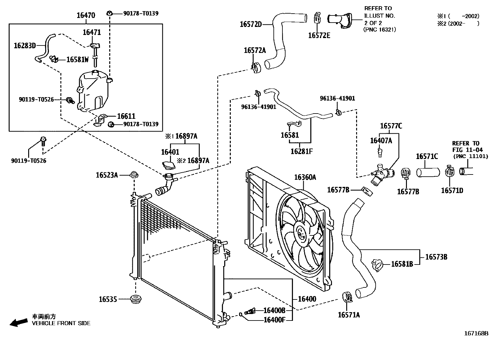 Toyota CAMRY RADIATOR & WATER OUTLET EPC diagram — 167168B