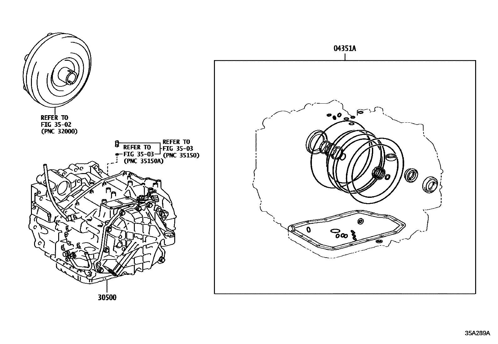 Toyota CAMRY 传动桥或变速器总成和衬垫组件(ATM) EPC diagram — 35A289A
