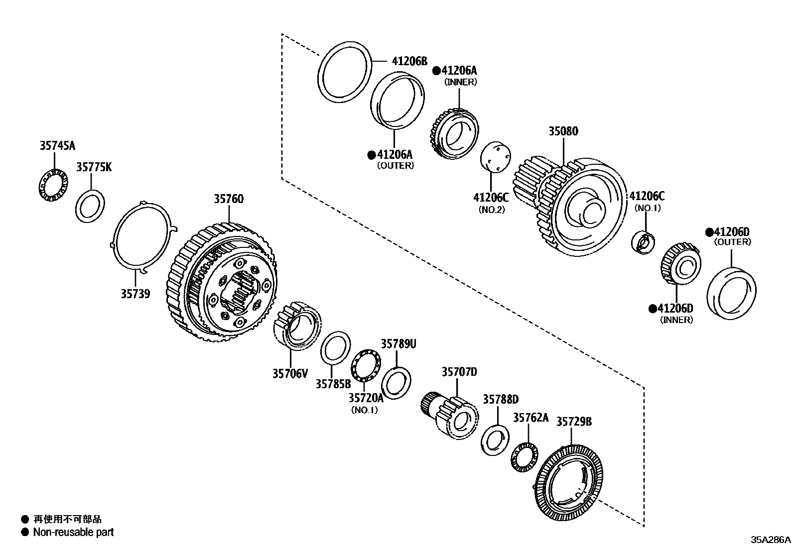 Toyota CAMRY 行星齿轮、倒档活塞和中间轴齿轮(ATM) EPC diagram — 35A286A