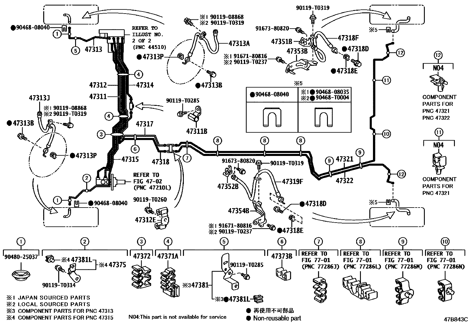 Toyota CAMRY 制动配管和卡箍 EPC diagram — 47B843C