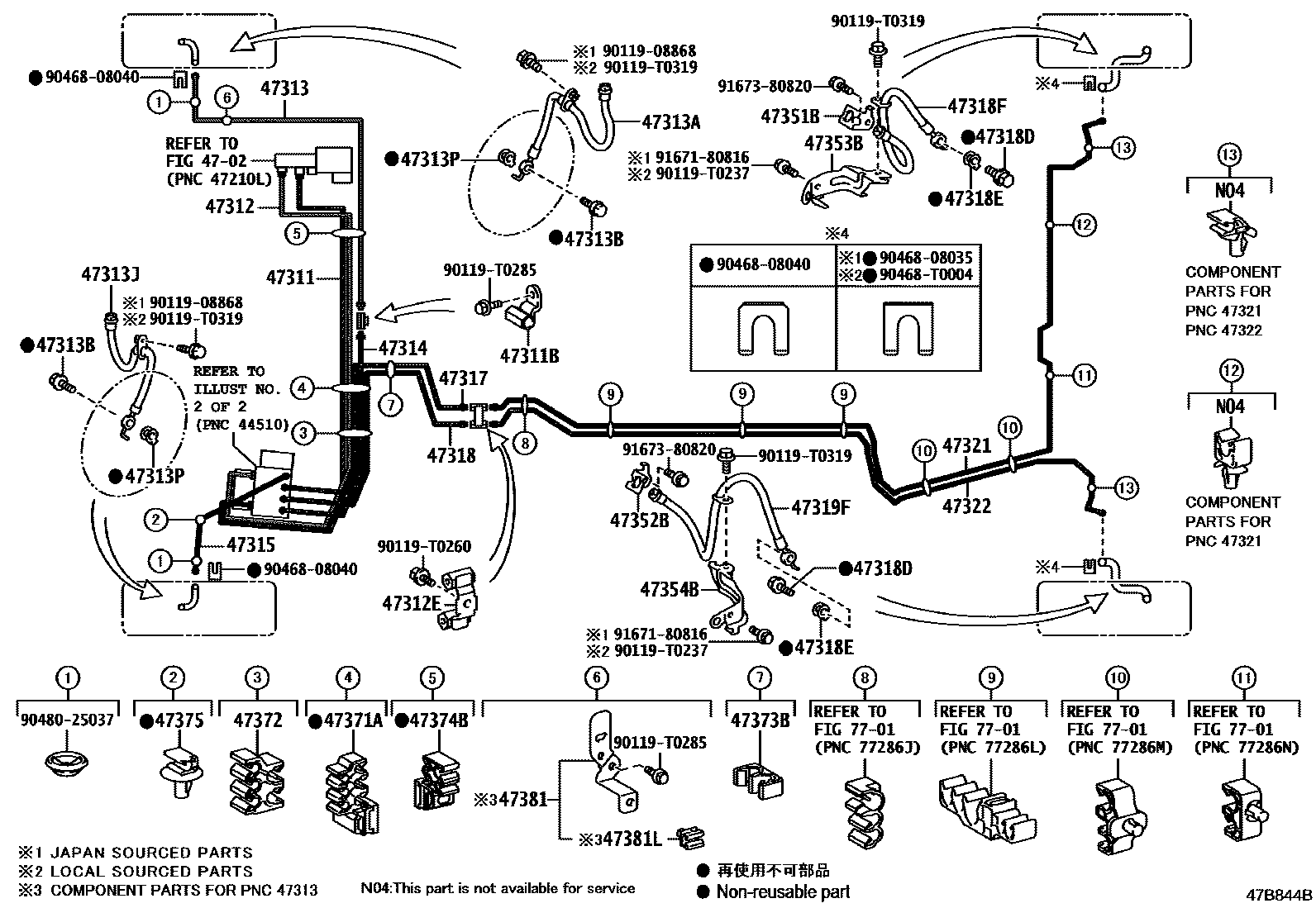 Toyota CAMRY 制动配管和卡箍 EPC diagram — 47B844B
