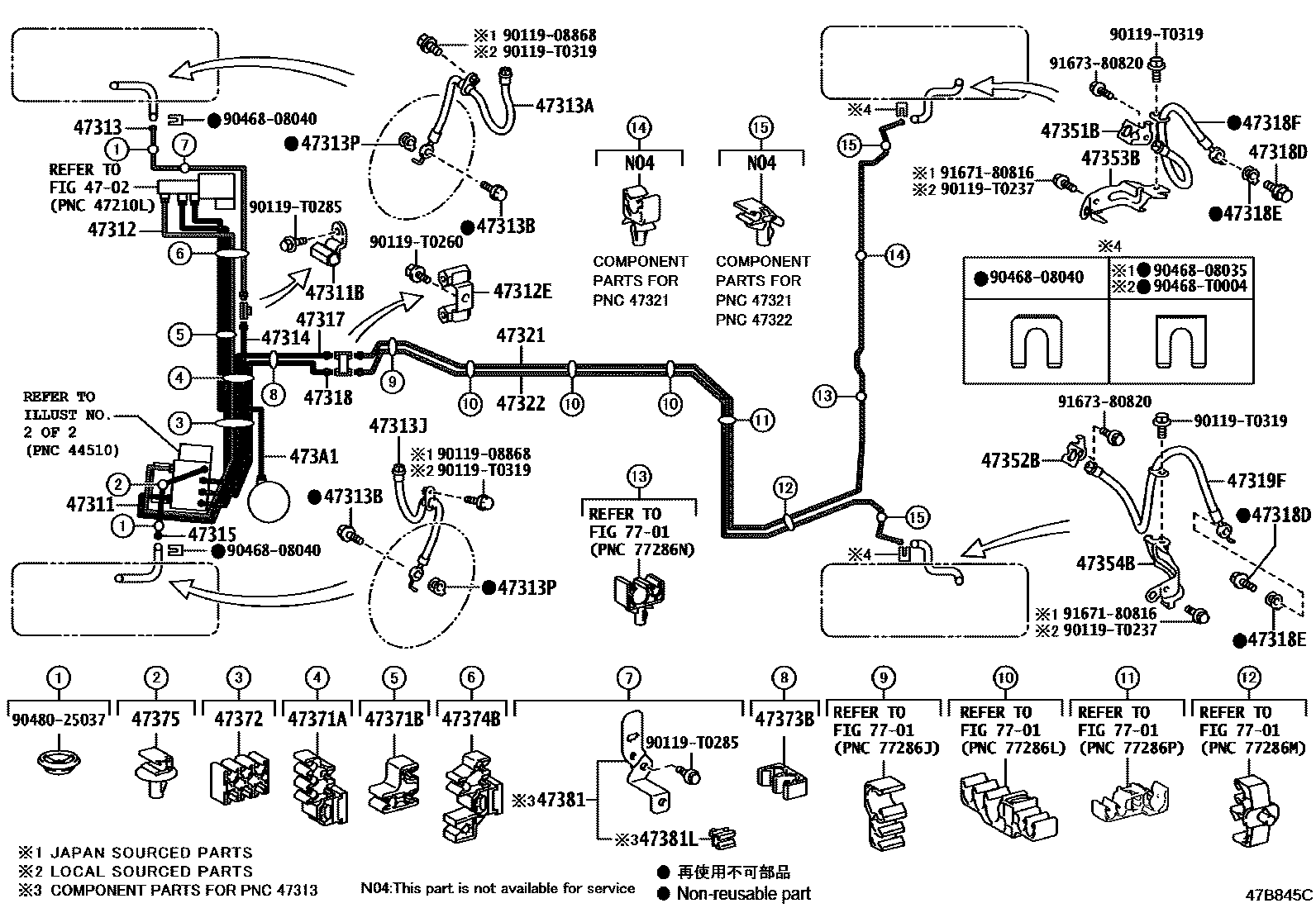 Toyota CAMRY 制动配管和卡箍 EPC diagram — 47B845C