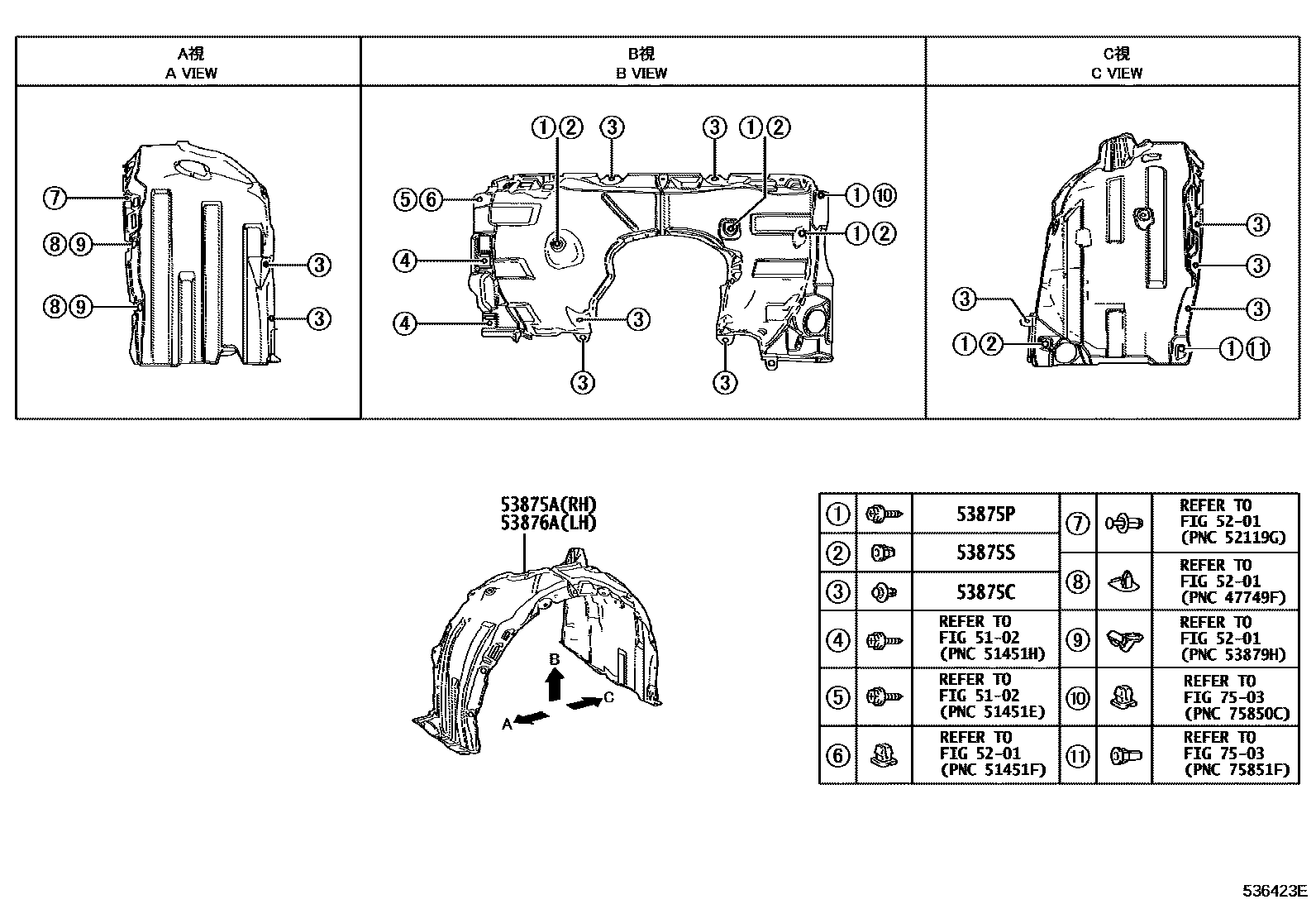 Toyota CAMRY 发动机盖和前翼子板 EPC diagram — 536423E