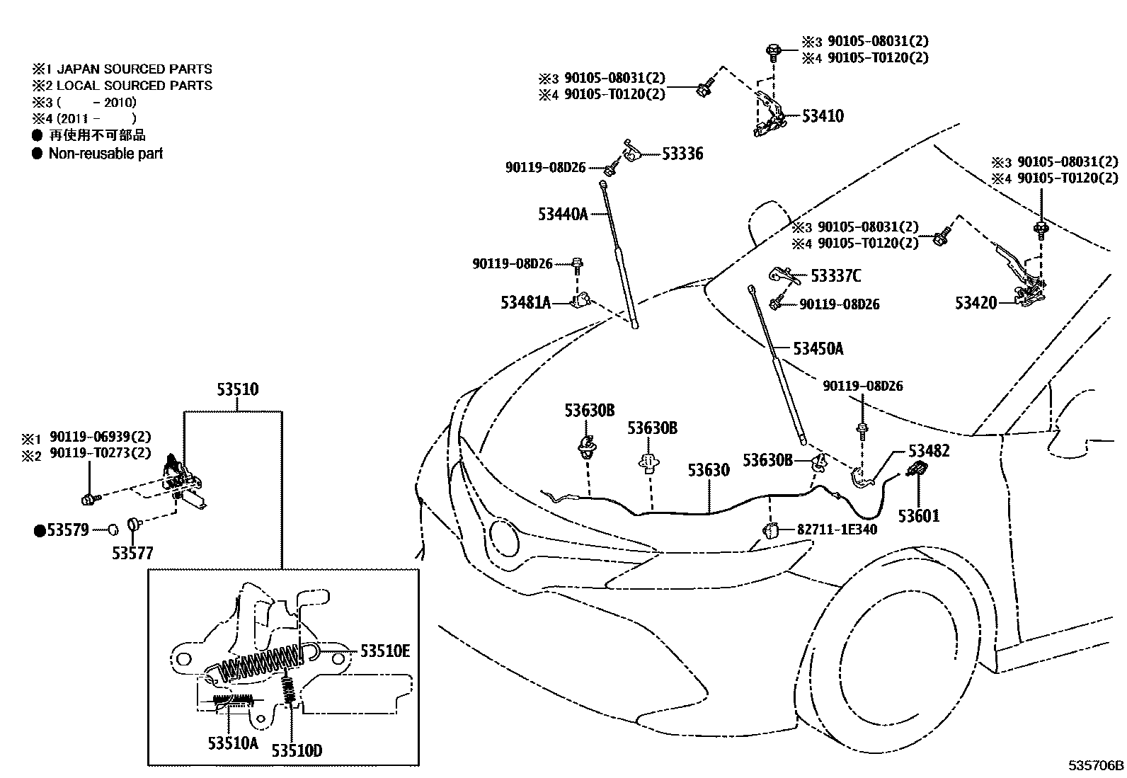 Toyota CAMRY 发动机盖锁和铰链 EPC diagram — 535706B