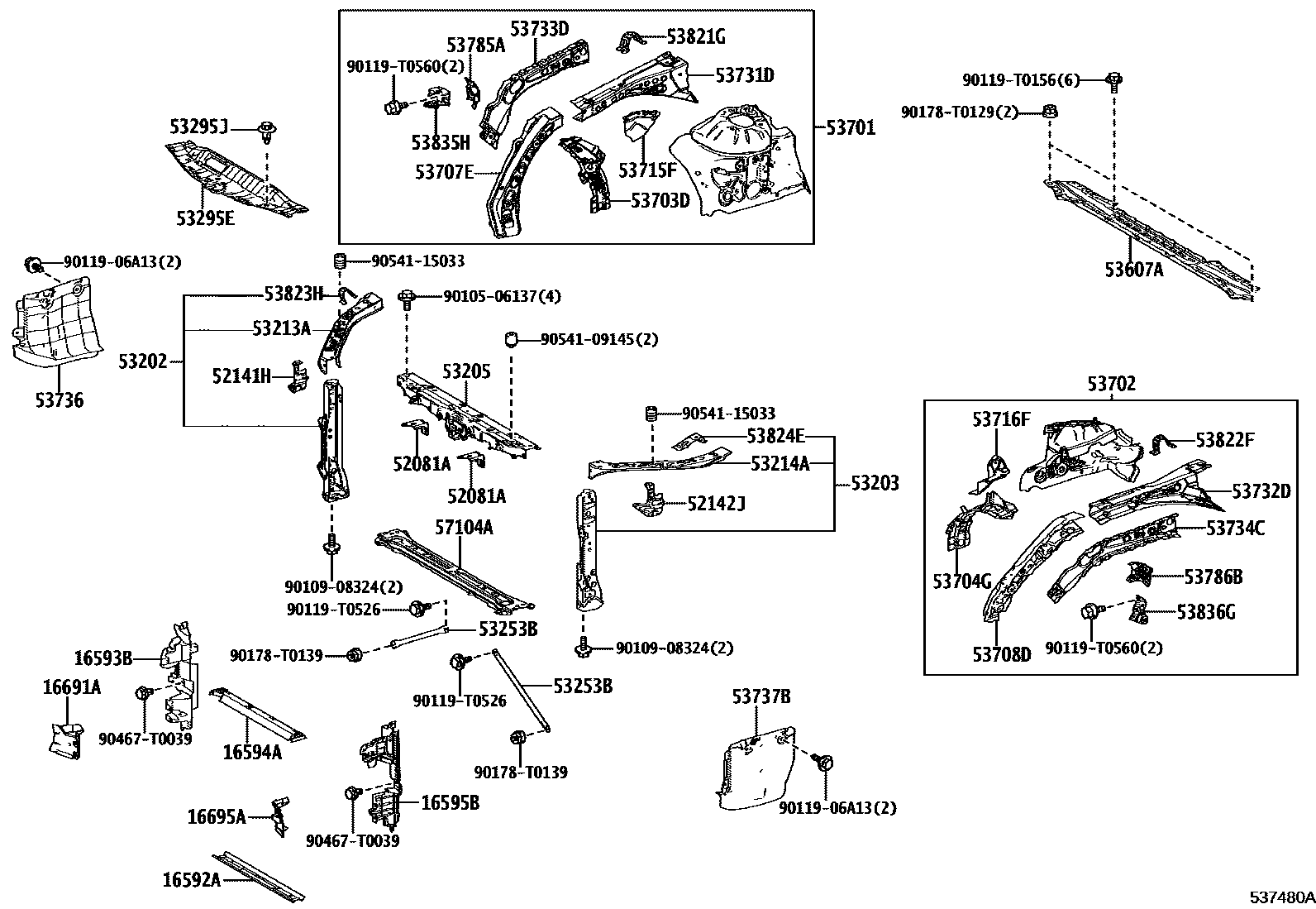 Toyota CAMRY 前翼子板挡泥板和前围板 EPC diagram — 537480A