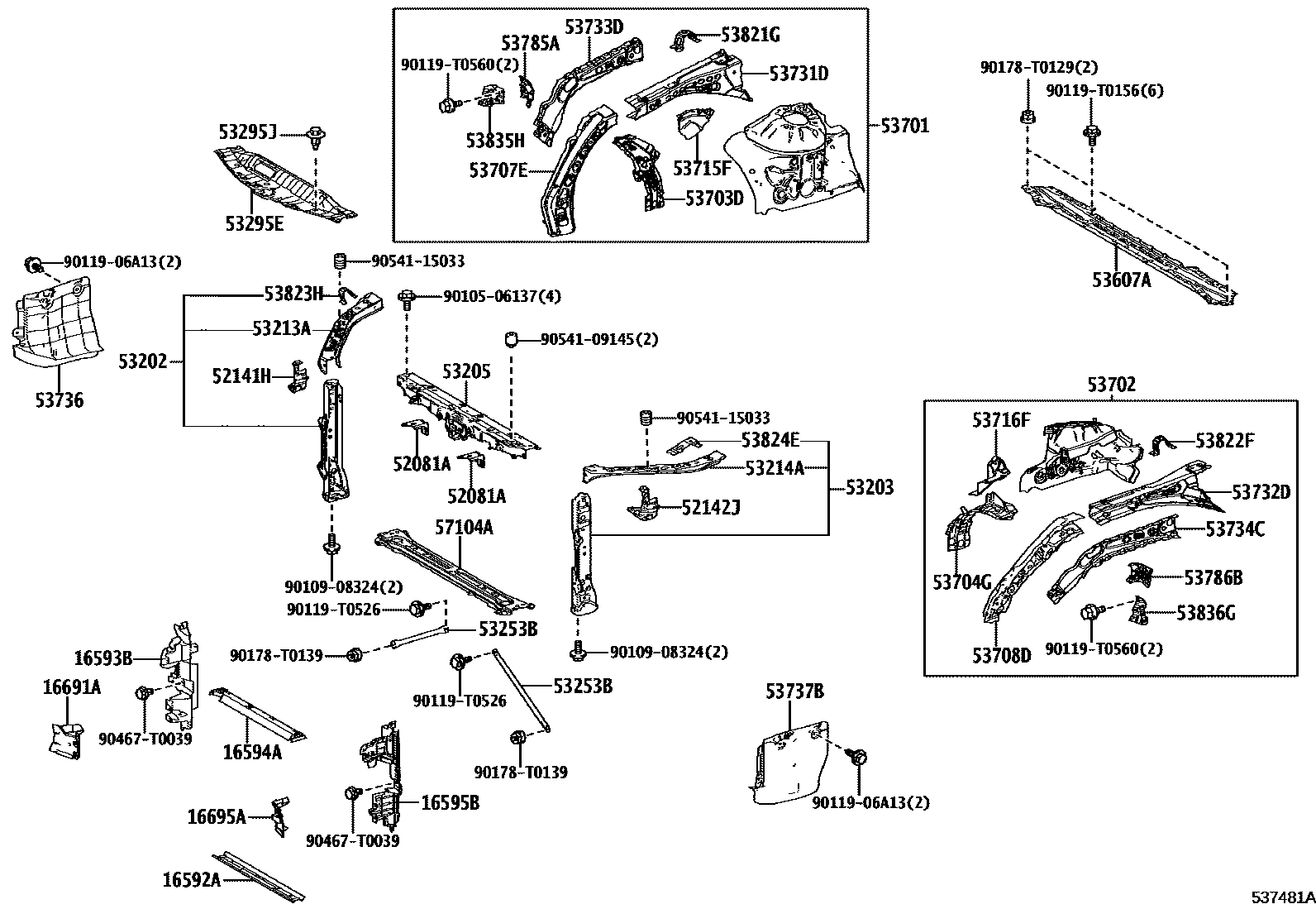 Toyota CAMRY 前翼子板挡泥板和前围板 EPC diagram — 537481A