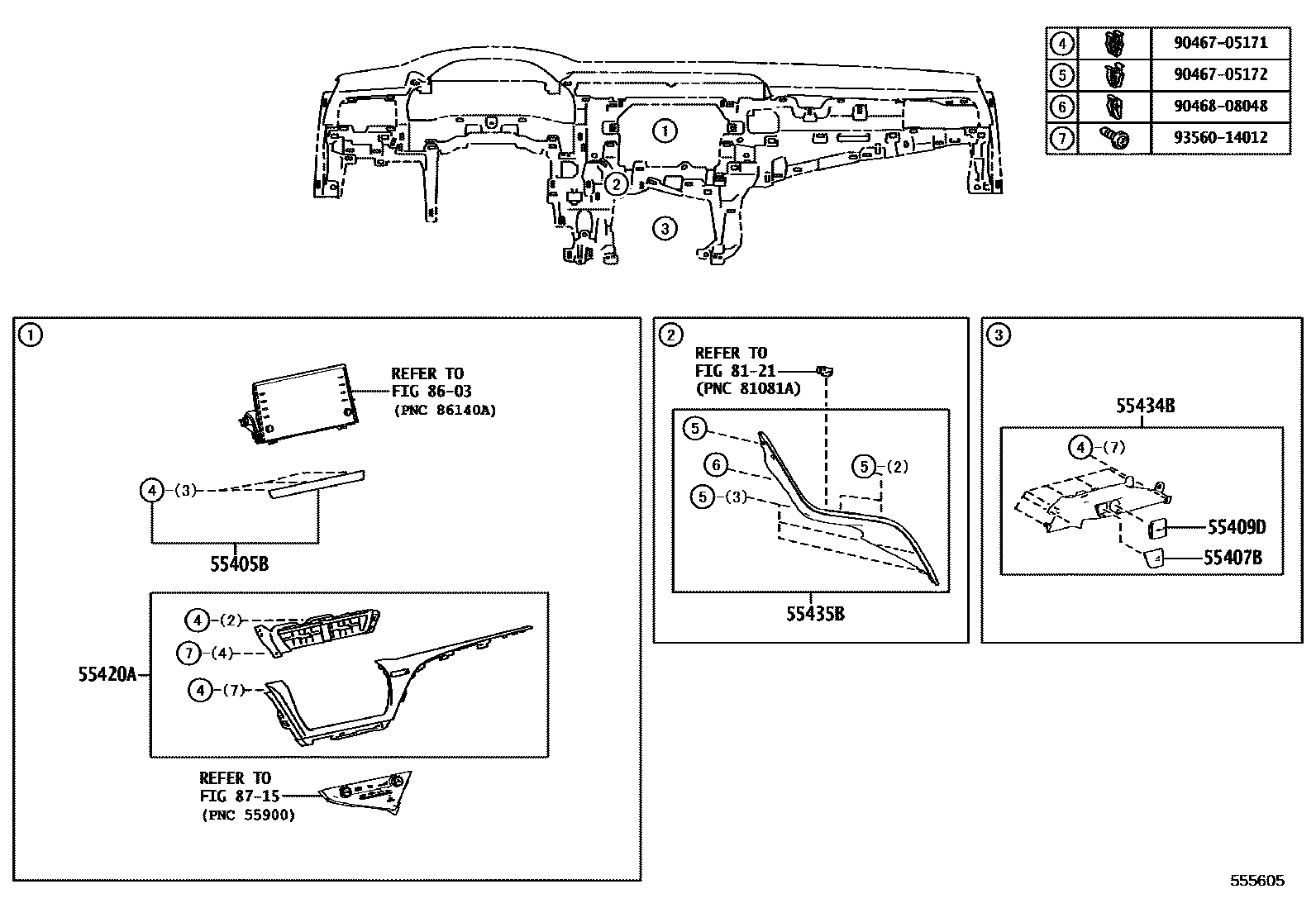 Toyota CAMRY 仪表板和手套箱 EPC diagram — 555605