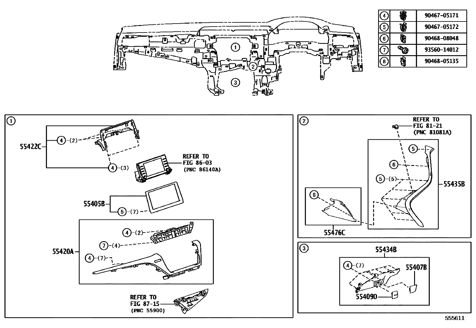 Toyota CAMRY 仪表板和手套箱 EPC diagram — 555611