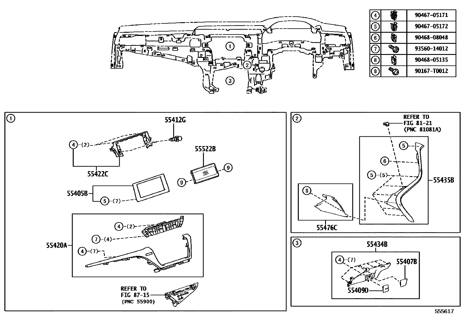 Toyota CAMRY 仪表板和手套箱 EPC diagram — 555617