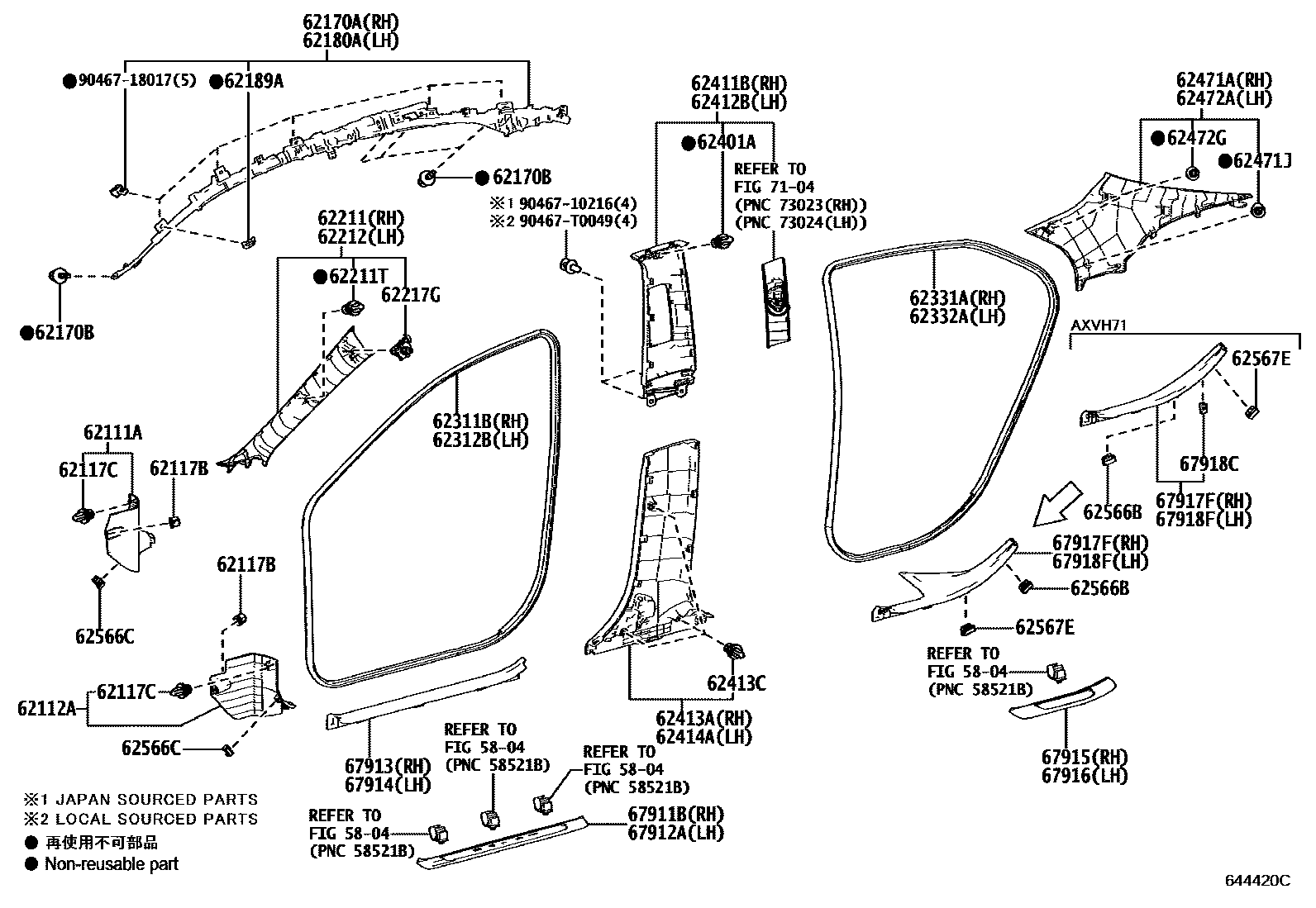 Toyota CAMRY 内饰板和车门防水胶条 EPC diagram — 644420C