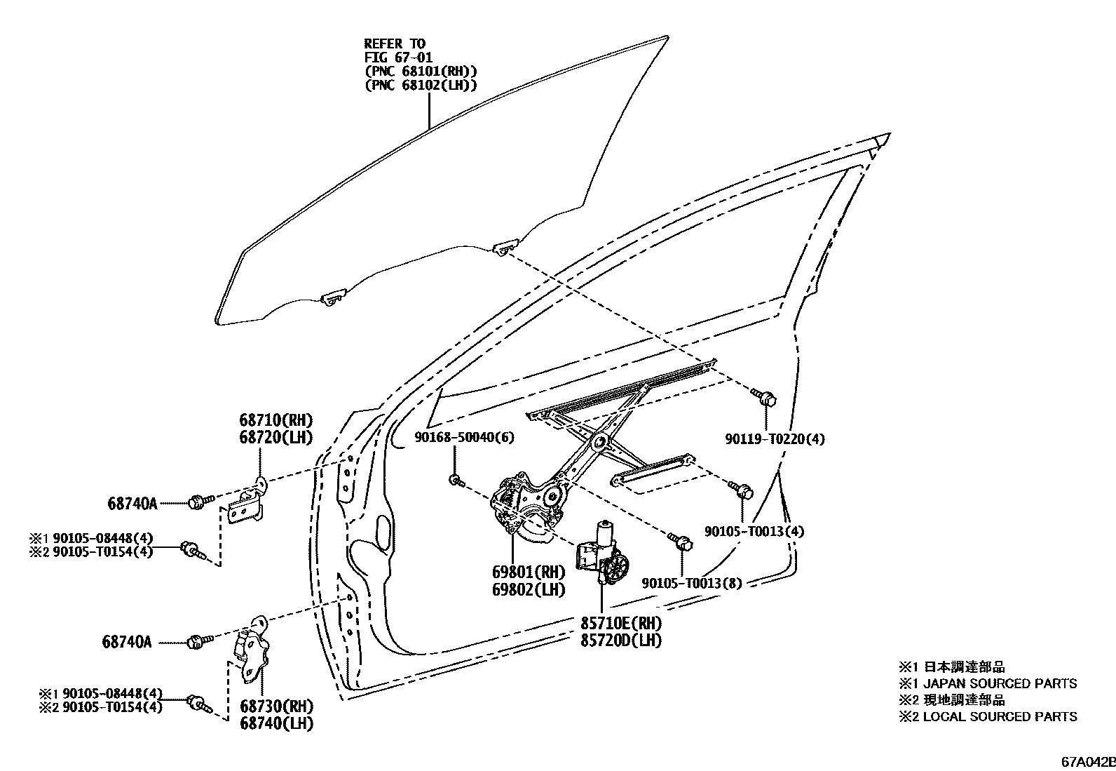 Toyota CAMRY 前门车窗升降器和合页 EPC diagram — 67A042B