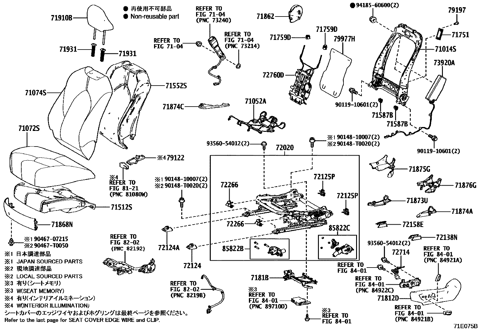 Toyota CAMRY 前排座椅和座椅滑轨 EPC diagram — 71E075B