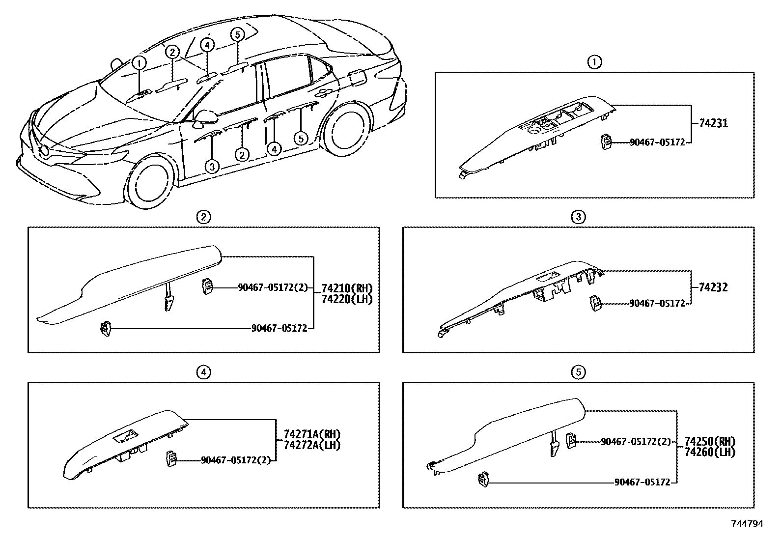 Toyota CAMRY 扶手和遮阳板 EPC diagram — 744794