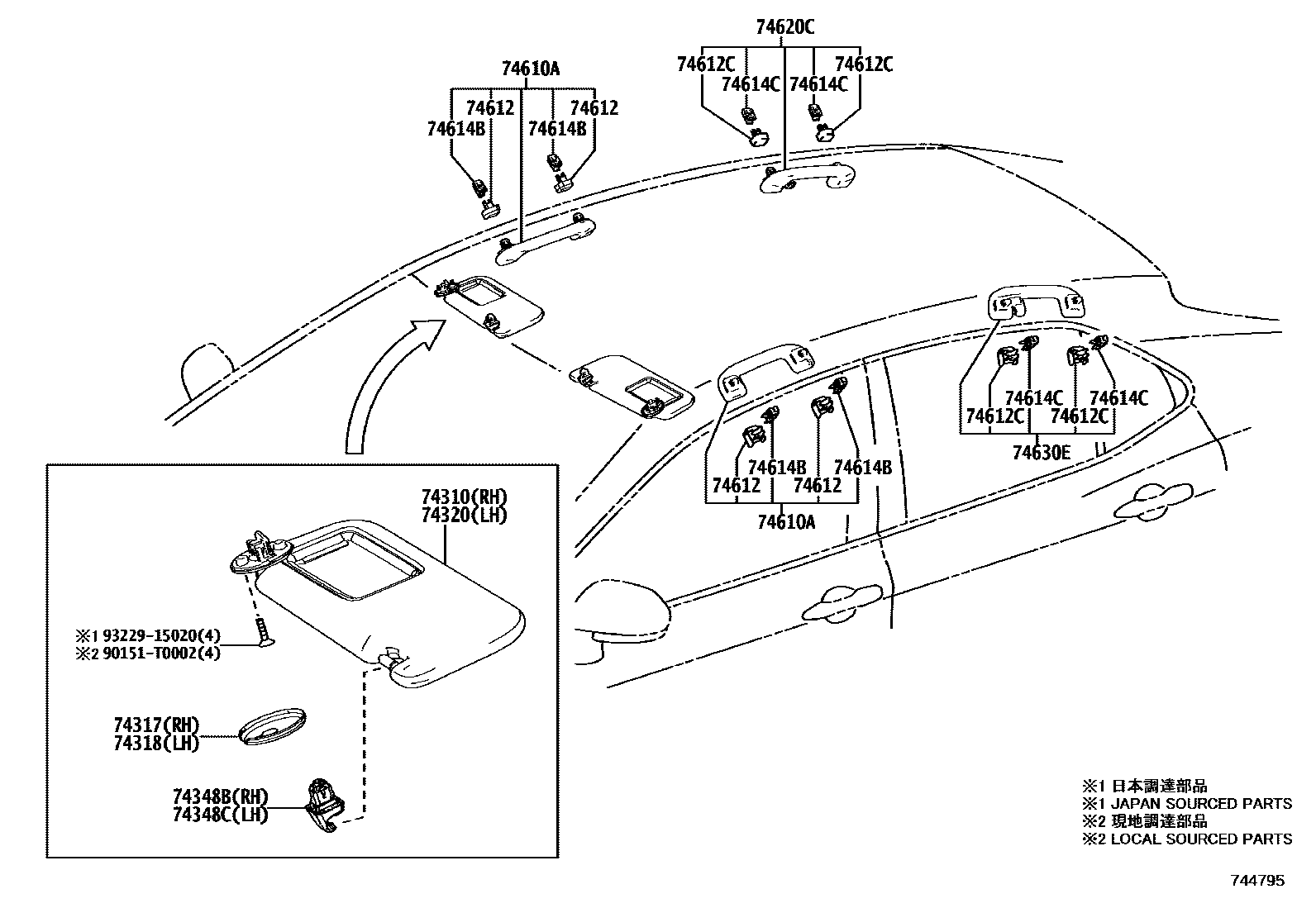 Toyota CAMRY 扶手和遮阳板 EPC diagram — 744795