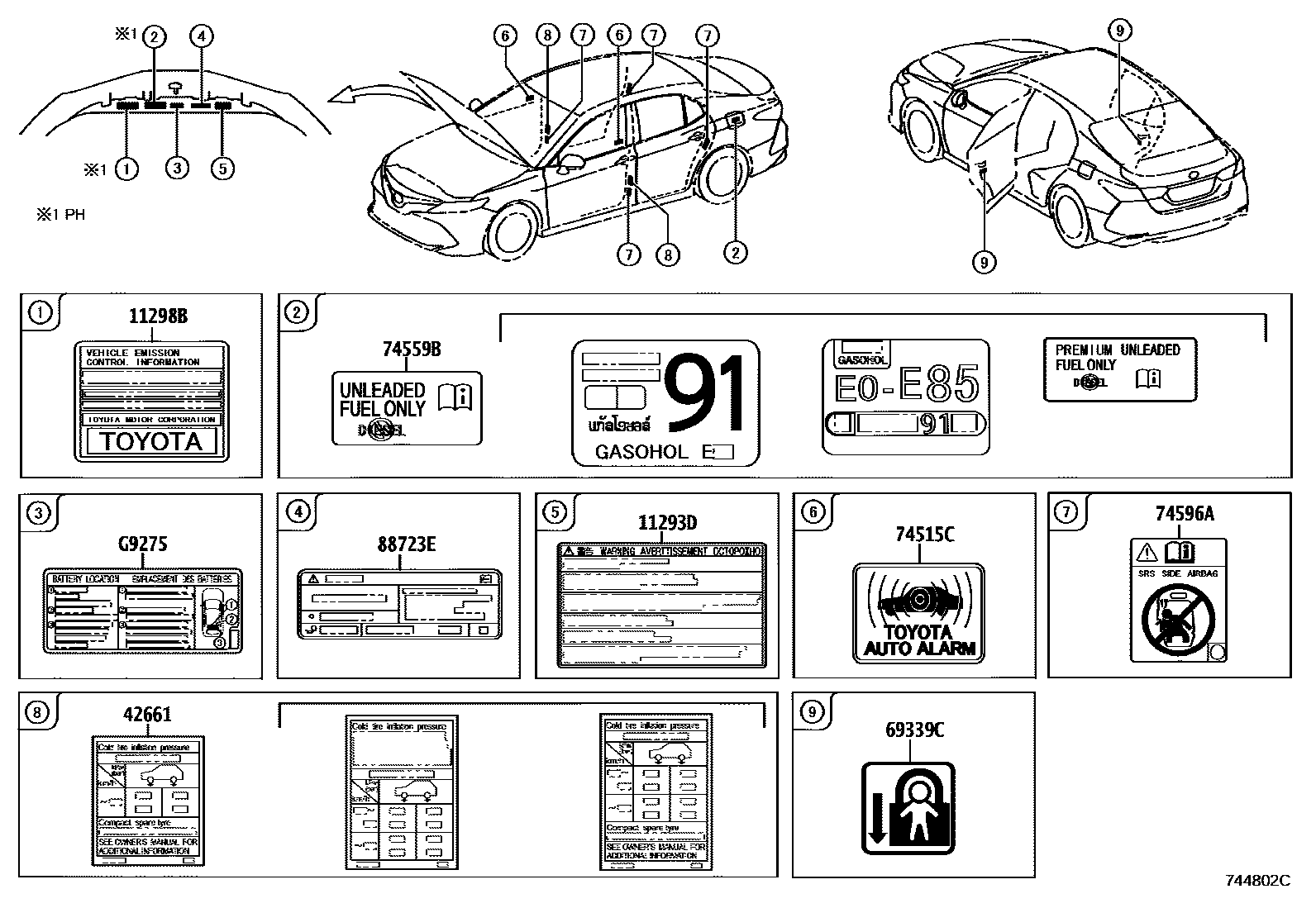 Toyota CAMRY 警示铭牌(车外和车内) EPC diagram — 744802C