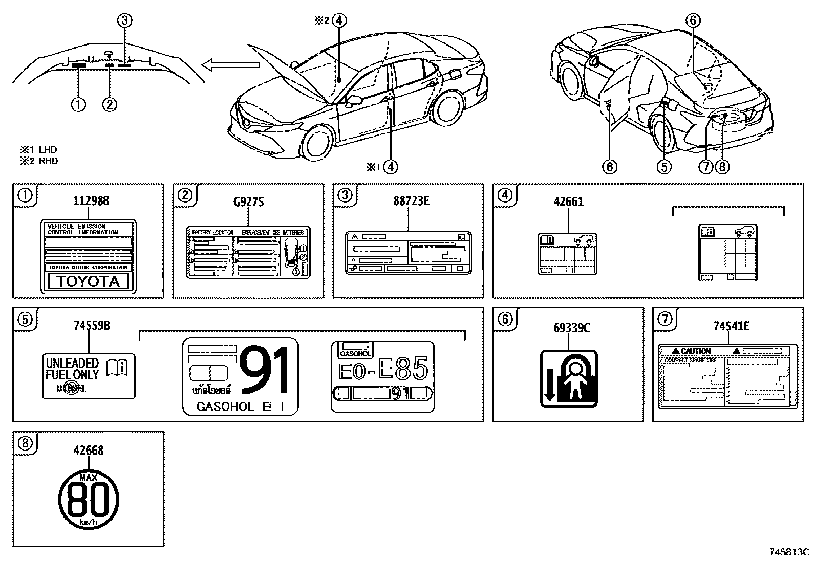 Toyota CAMRY 警示铭牌(车外和车内) EPC diagram — 745813C