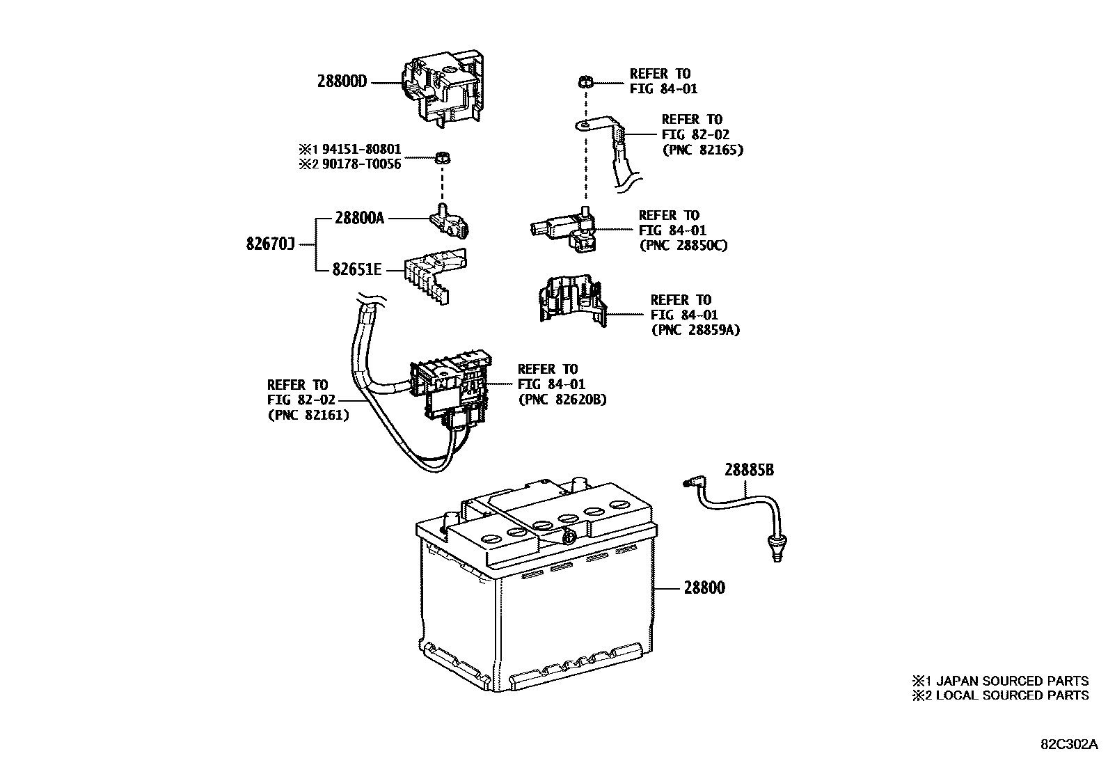 Toyota CAMRY 蓄电池和蓄电池电缆 EPC diagram — 82C302A