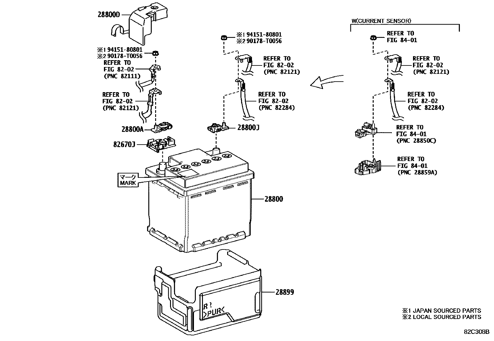 Toyota CAMRY 蓄电池和蓄电池电缆 EPC diagram — 82C308B