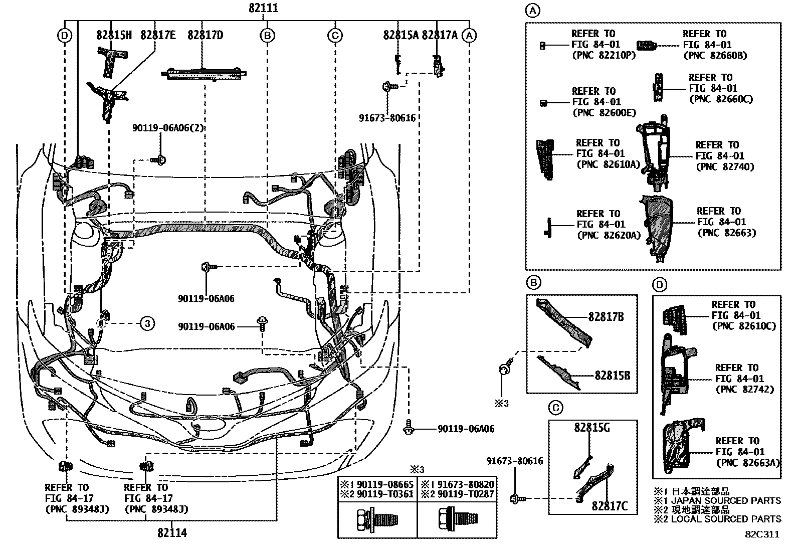 Toyota CAMRY 线束和卡夹 EPC diagram — 82C311