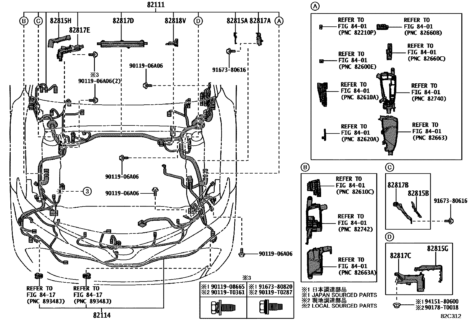 Toyota CAMRY 线束和卡夹 EPC diagram — 82C312