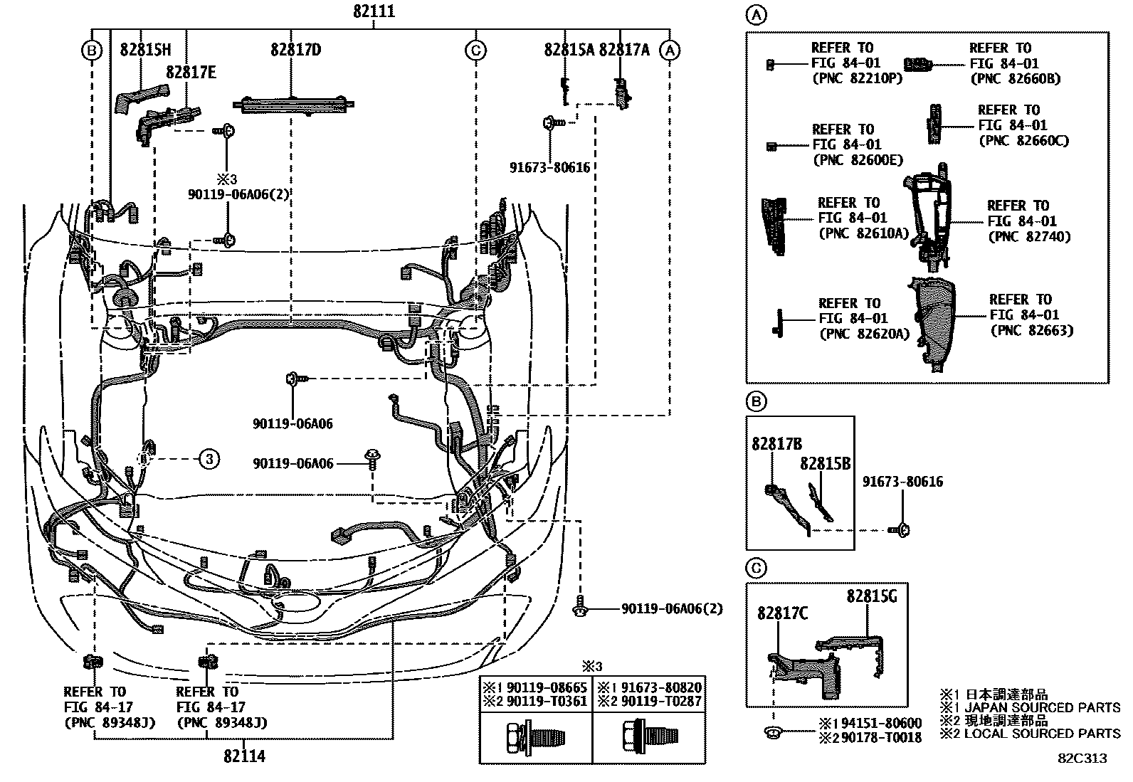Toyota CAMRY 线束和卡夹 EPC diagram — 82C313
