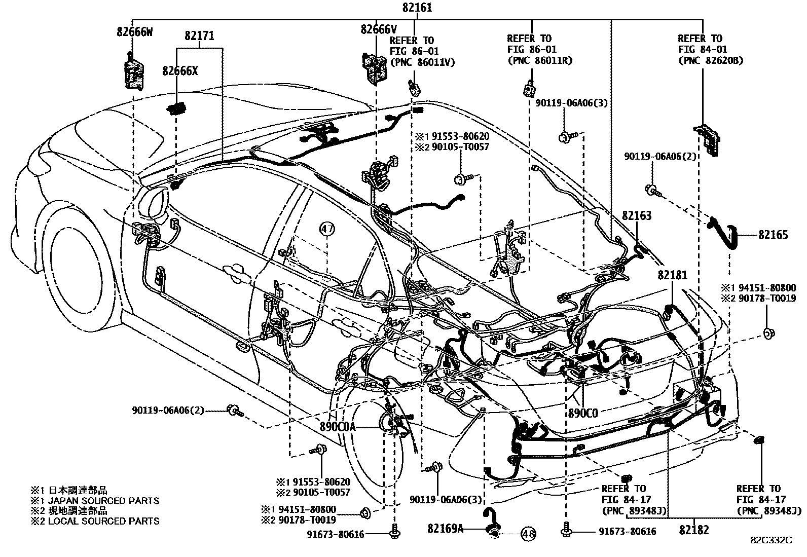 Toyota CAMRY 线束和卡夹 EPC diagram — 82C332C