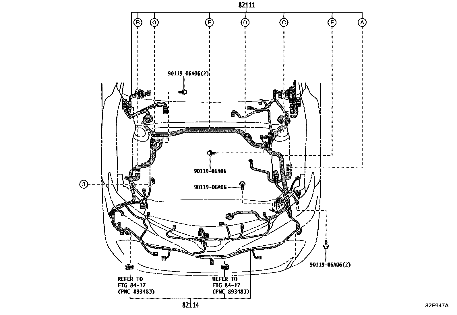 Toyota CAMRY 线束和卡夹 EPC diagram — 82E947A