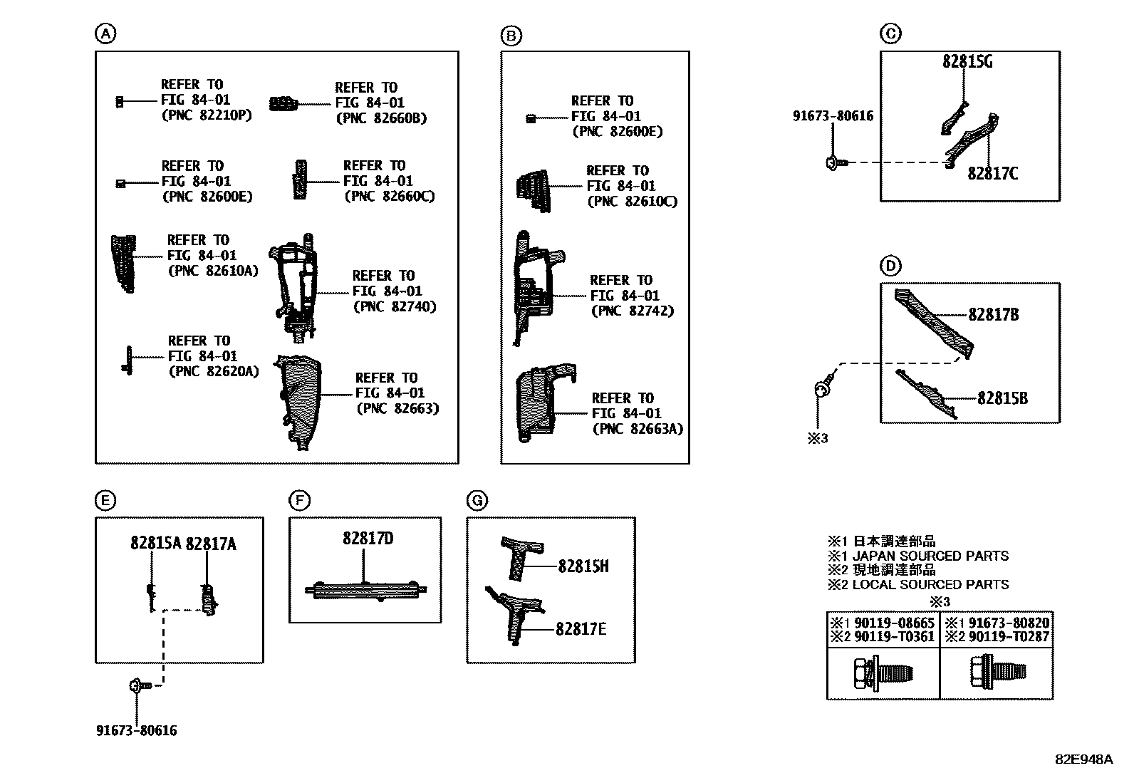 Toyota CAMRY 线束和卡夹 EPC diagram — 82E948A